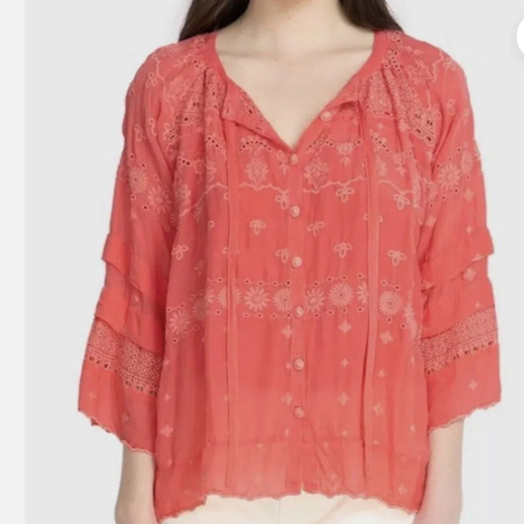 Johnny Was Tops - Johnny Was Tay Eylet Floral Embroidered Button Up Top Passionfruit Sz Small EUC